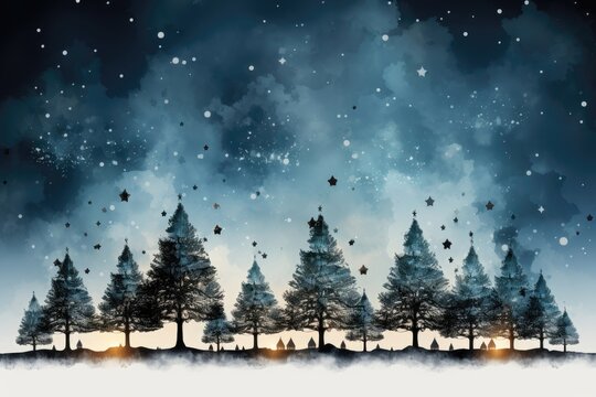 A creative Christmas background image rendered in watercolor, portraying a serene snowy forest under a starry night sky, ideal for imaginative content. Illustration