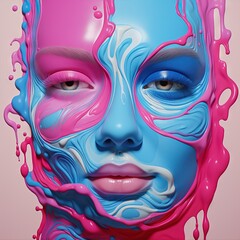 head covered in liquid color, pink and azure, realistic sculptures