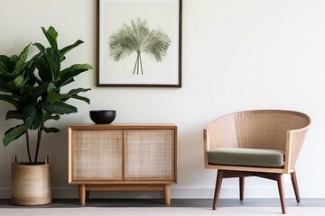 Interior design of living room with wooden retro commode, chair, tropical plant in rattan pot, basket and elegant personal accessories. Mock up poster frame on the wall. Template. Home. Generative AI