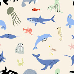 Sea animals seamless pattern. Cute aquatic fish, turtle, whale, narwhal, dolphin, octopus, starfish, crab, jellyfish, seal and other. Kids vector background.