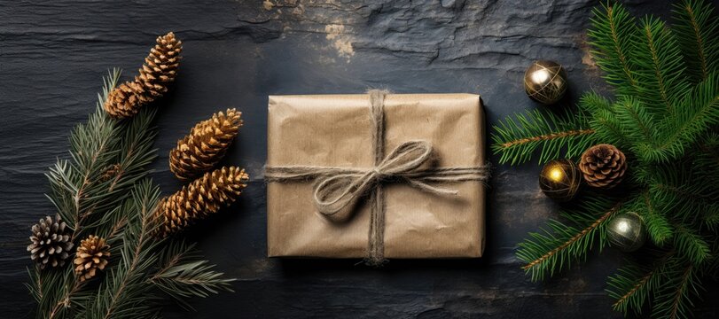 A wide-format rustic Christmas background image designed for creative content, featuring a beautifully wrapped present accompanied by fragrant fir branches. Photorealistic illustration