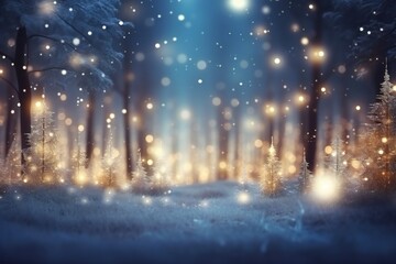 Fototapeta na wymiar Stylish magical forest with Christmas trees and glowing bokeh lights Generative AI