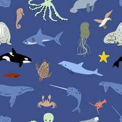 Sea animals seamless pattern. Cute aquatic fish, turtle, whale, narwhal, dolphin, octopus, starfish, crab, jellyfish, seal and other. Kids vector background.
