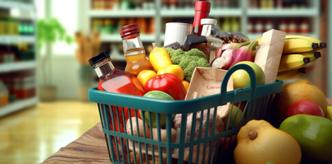 basket supermarket grocery retail shopping delivery store shop food market. Generative AI. - obrazy, fototapety, plakaty