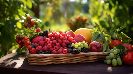 Heaps of mix fruits in a wooden basket in the garden