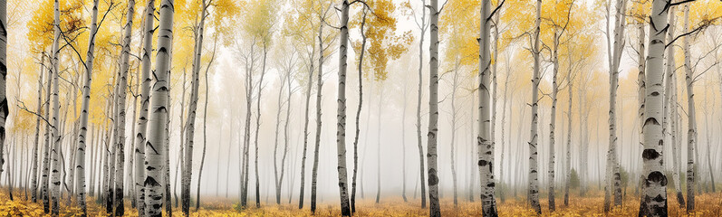 autumn birch forest fog landscape panorama October.