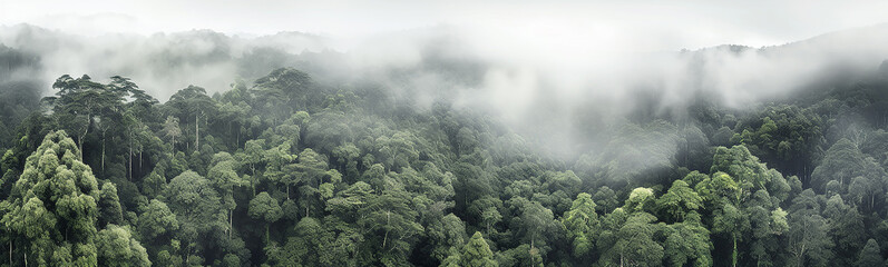 panorama of the rainforest tree tops in the fog.