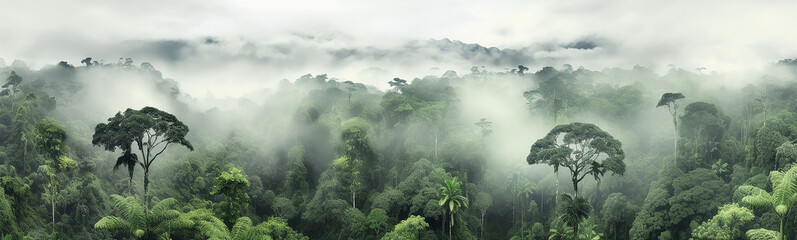 panorama of the rainforest tree tops in the fog.