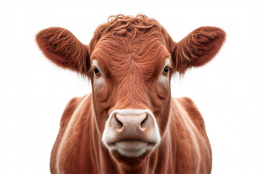 Red angus cow, beef cattle, front view portrait isolated on white background