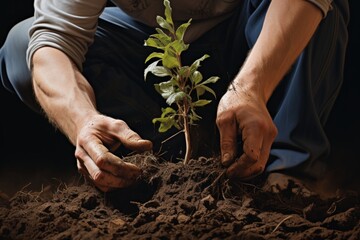 Close-up male man farmer worker gloved hands planting seeds touching soil ground gardening growth green vegetable tree plant. Landscape designer business ecology eco activist agriculture earth care