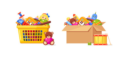 Shopping basket and paper box with kids toys. Truck, bear, drum, doll, robot, rattle, rocket, ball, pyramid, ufo, musical piano, toy blocks, sword. Set of vector colorful flat isolated illustrations - obrazy, fototapety, plakaty