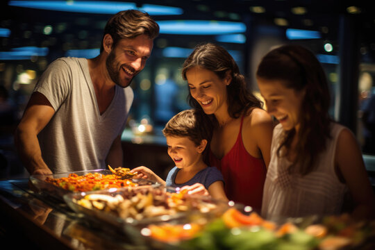 Family moment in the international cuisine at the cruise ship's buffet, culinary exploration at sea