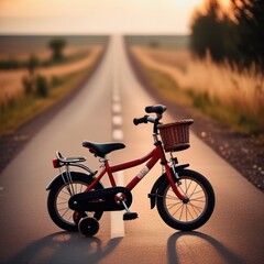 A children's bicycle stands on the highway.