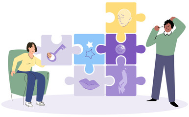 Dialog between male psychologist, psychoanalyst or psychotherapist and patient. Psychotherapy, psychotherapeutic aid for adults. Mental therapy session, correction of patients behavior and emotions