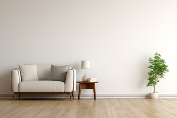 Minimalistic interior with white wall and brown wooden floor. Generative AI
