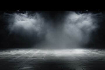 An abstract image of a dark room with a concrete floor. A black background resembling a room or stage for product placement. A panoramic view of abstract fog with white cloudiness,. Generative AI