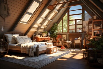 Elegant attic decorated as bed room. Generative AI
