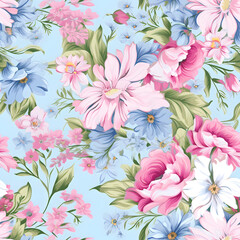 Seamless pattern linen in white and pink with flowers on it, in the style of light sky - blue and blue, romantic floral motif
