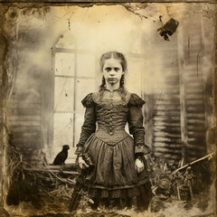 A sepia victorian portrait of a demure but demonic little girl - obrazy, fototapety, plakaty
