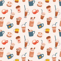 Autumn mood coffee, hand drawn seamless pattern with pumpkin spice latte, cinnamon cappuccino, iced cold brew, doodles for coffee house, colored ornament of cups and mugs icons, hot drinks