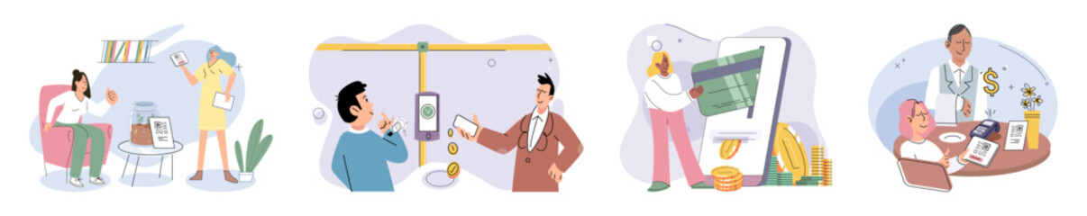 Cashless payment. Vector illustration. Mobile wallets are protected by security features like fingerprint or facial recognition Online retailers often offer incentives or discounts for choosing