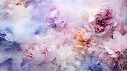 Flowers out of ice evaporating into a soft smoke,. Blooms dissolving into a gentle mist. Pastel colors in winter blue, pale pink and white. Seasonal feeling, concept of transformation, different stade