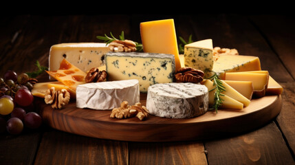 Delicious Cheese board. Assortment of cheese, camembert brie Gorgonzola parmesan and nuts and herbs.
