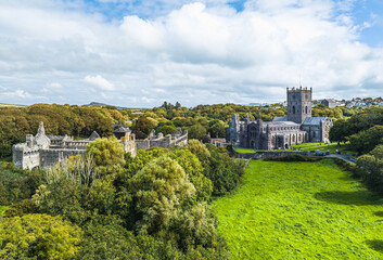 Fototapeta na wymiar St Davids Cathedral from a drone, St Davids, Haverfordwest, Pembrokeshire, Wales, England