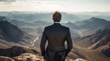 Fototapeta premium Rear view of a man standing on the top of a steep mountain
