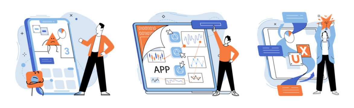 Application testing metaphor. Vector illustration. Application testing, audit that every software must pass App test, endurance test for evaluating apps resilience Software testing, sweep that keeps