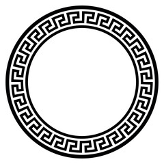 round frame with ancient Greek ornament - black and white vector illustration of decorated circle, isolated on white