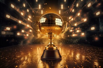 Golden trophy cup with mirrored disco ball reflection. Generative AI