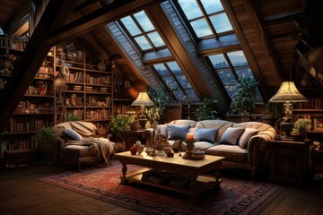 Fototapeta na wymiar Elegant attic decorated as living room. Generative AI
