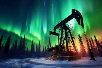 Oil extraction in mesmerizing aurora borealis. Pumpjack against starry polar night sky. Generative AI