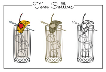 Alcohol drinks line art illustration. Vector illustration Tom Collins