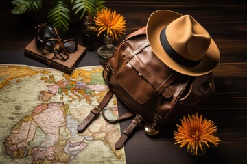 Tourism or travel concept. Leather bag, boots, hat. Generative AI