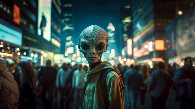 extraterrestrial alien walking among humans in a busy street at night - aliens among humans concept