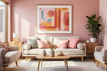 Artful living space with framed poster, wooden furniture, modular sofa, cozy plaid, pink wall, and personal decor. Home design concept. Generative AI