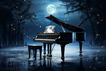 piano under moonlight. Generative AI - obrazy, fototapety, plakaty