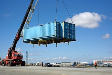 Container lifted by crane at yard. Generative AI