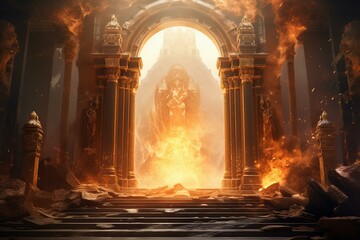 Burning stone portal amid ancient statues, cultural monuments, architecture, altar, idol, parallel world. 3D artwork background. Generative AI - obrazy, fototapety, plakaty