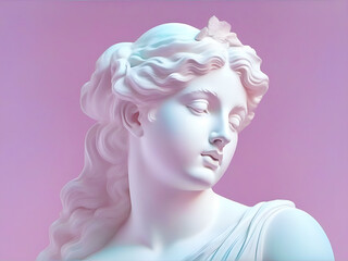 Statue of the head of beautiful woman in a pensive pose on a pink background.
