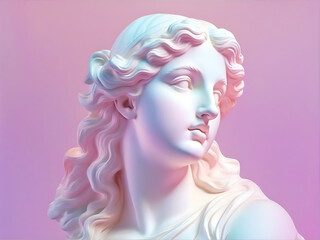 Gypsum statue of the head of beautiful woman in a pensive pose on a pink background. 
