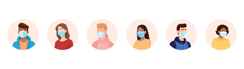 People avatars in medical masks. Flat design. Set of faces in medical masks. Vector illustration
