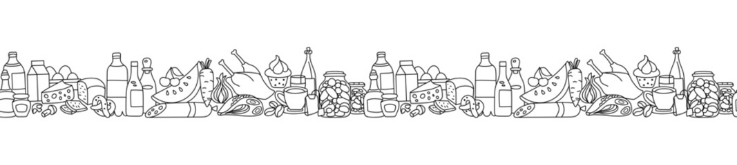 Seamless border with various edible products. Hand drawn vector illustration with groceries for decoration. Transparent background.