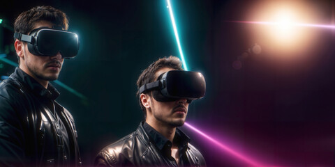 Two men in VR glasses, Metaverse human in reality headsets exploring VR world, glow, lens effects, cinematic, new technologies, future entertainment, Generative A.I,