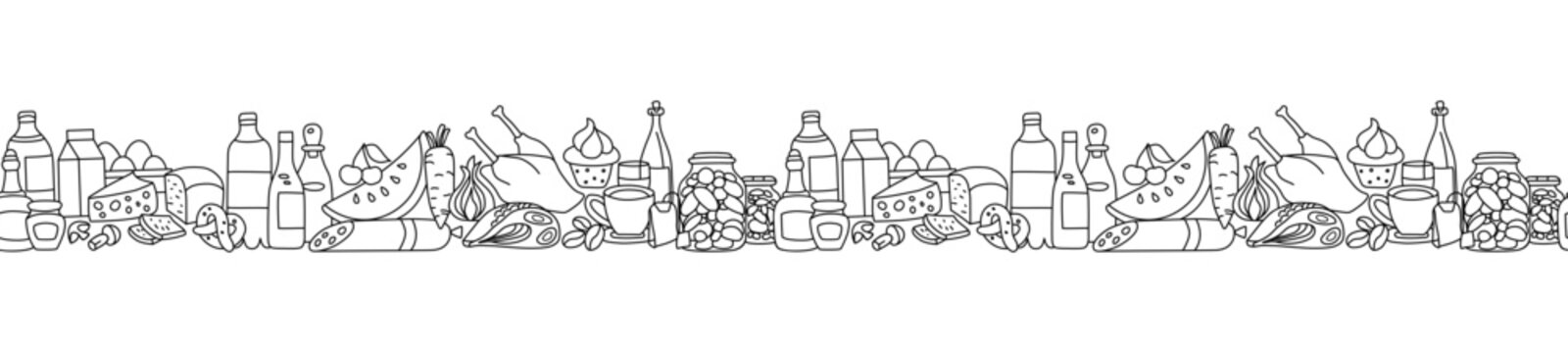 Seamless Border With Various Edible Products. Hand Drawn Vector Illustration With Groceries For Decoration. Transparent Background.