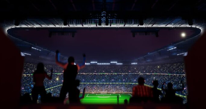 Soccer Stadium arena, blue light lit,  crowd fans, empty playground, photo flashlight. 4k 3d render