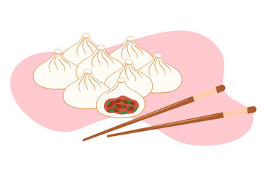 Steamed dumplings and sauce on white background. Isolated close up hand drawing vector illustration. . Vector illustration