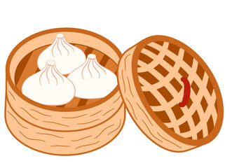 Dim sum, traditional Chinese dumplings, in bamboo steamer basket. Asian food vector illustration. Vector illustration